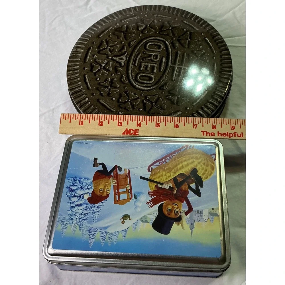 Vintage 1993 Oreo Cookie & Planters Peanuts Holiday Metal Tin Set of 2